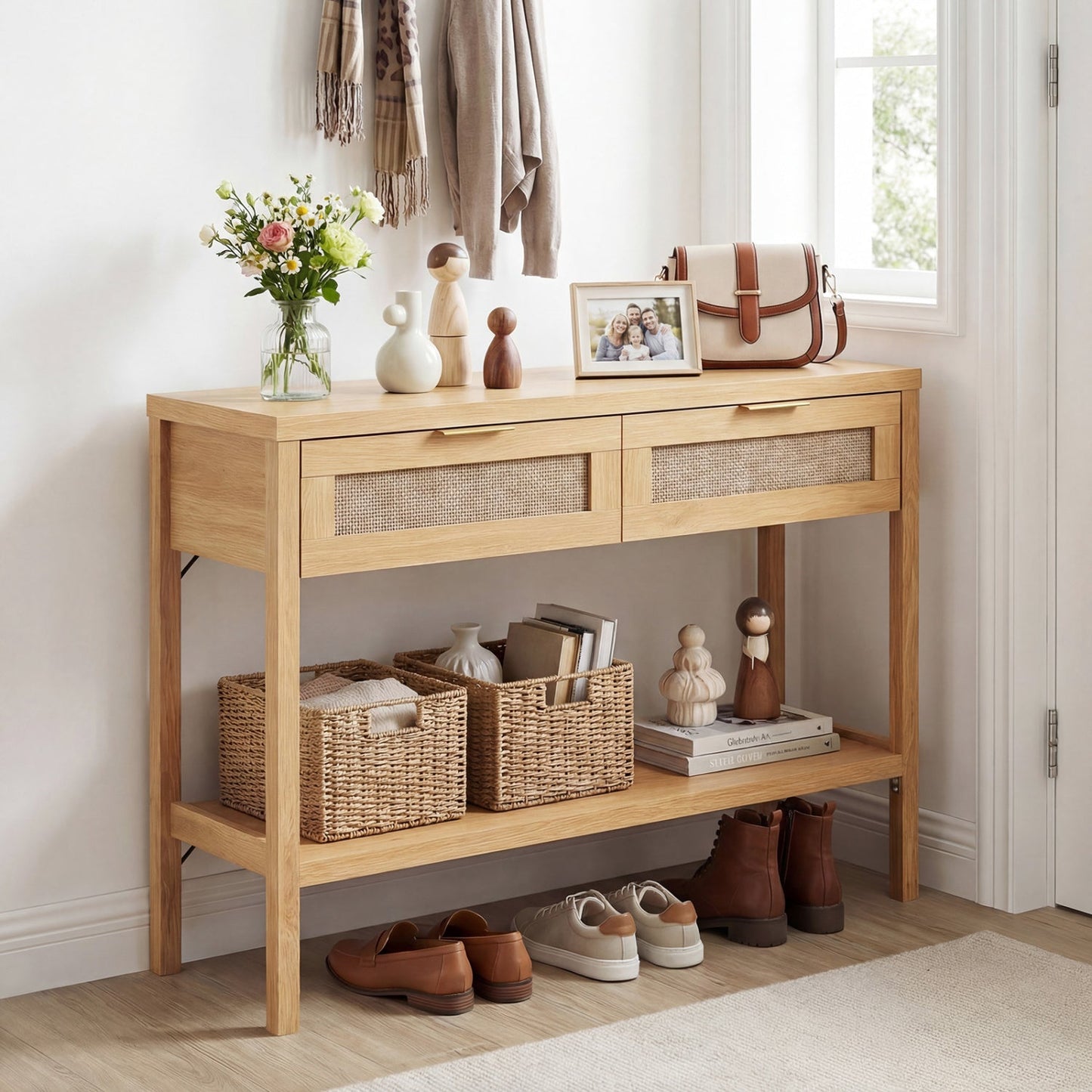 Rattan Console Table with 2 Drawers and Bottom Shelf