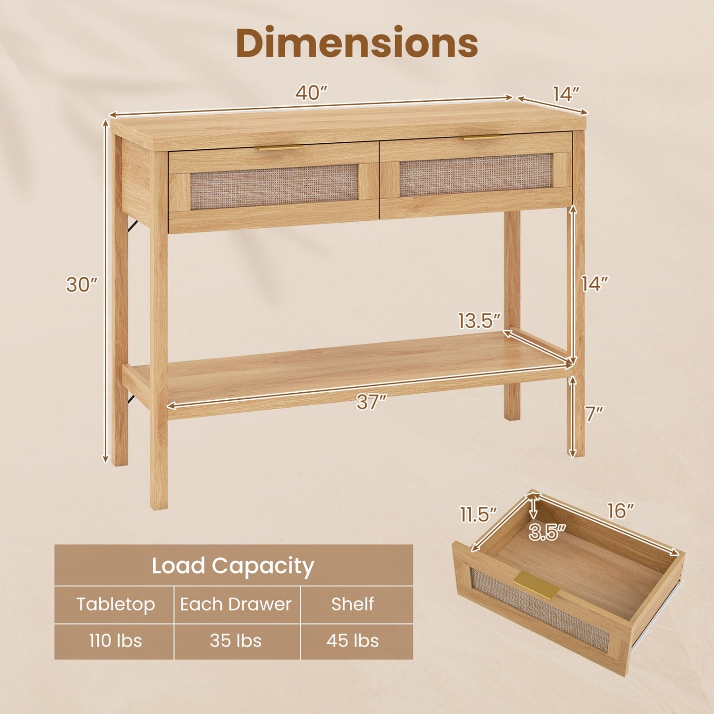 Rattan Console Table with 2 Drawers and Bottom Shelf