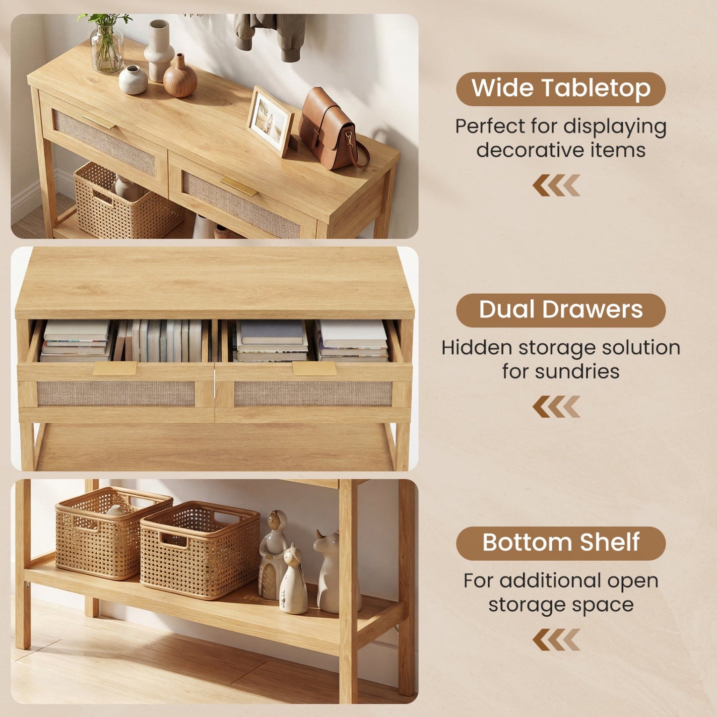 Rattan Console Table with 2 Drawers and Bottom Shelf