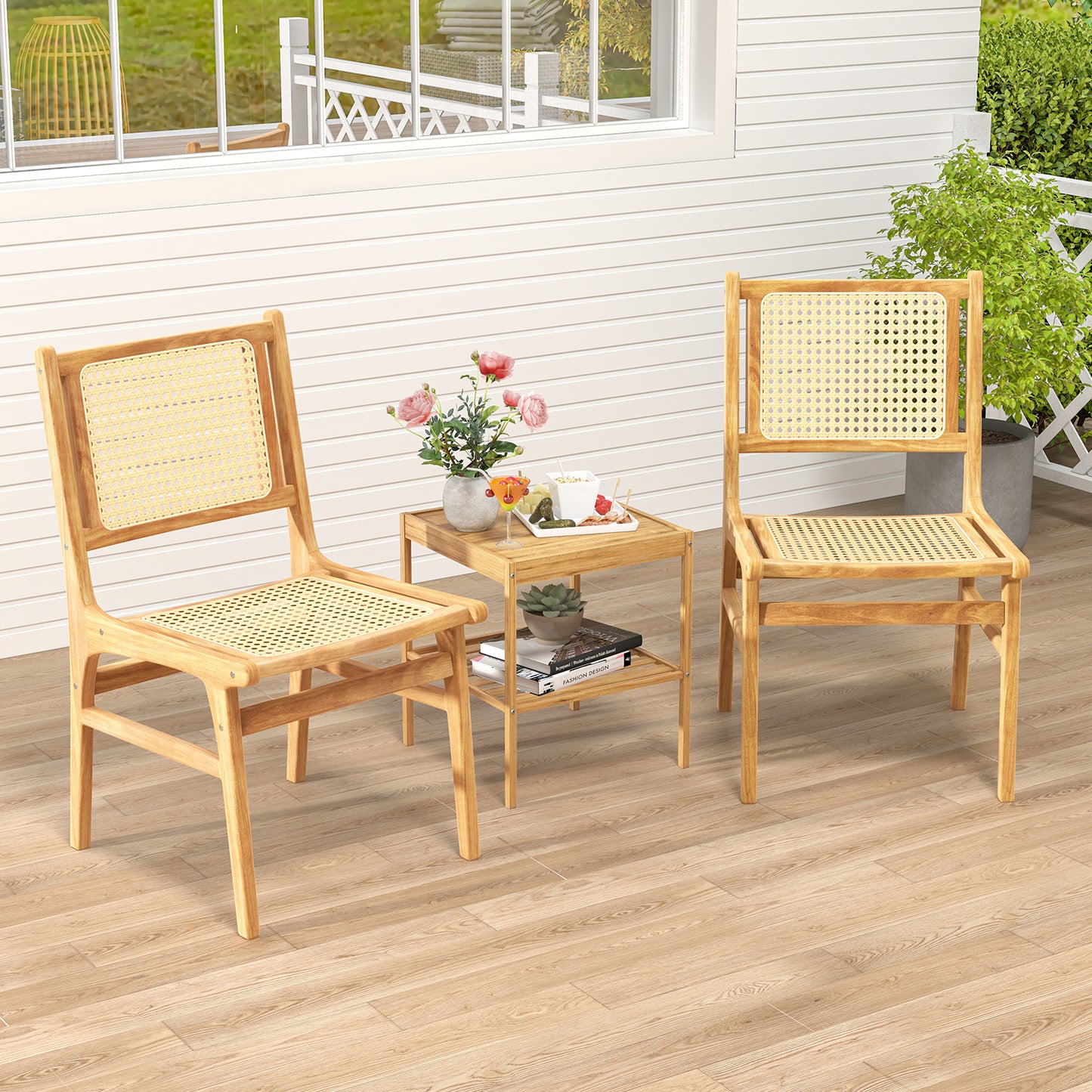 Rattan Dining Chair with Teak Wood Frame and Cane Backrest