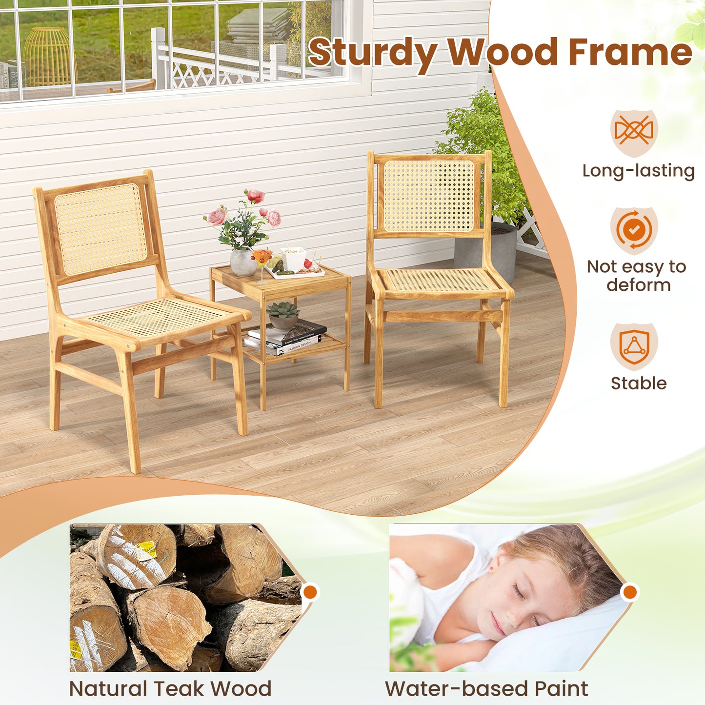 Rattan Dining Chair with Teak Wood Frame and Cane Backrest