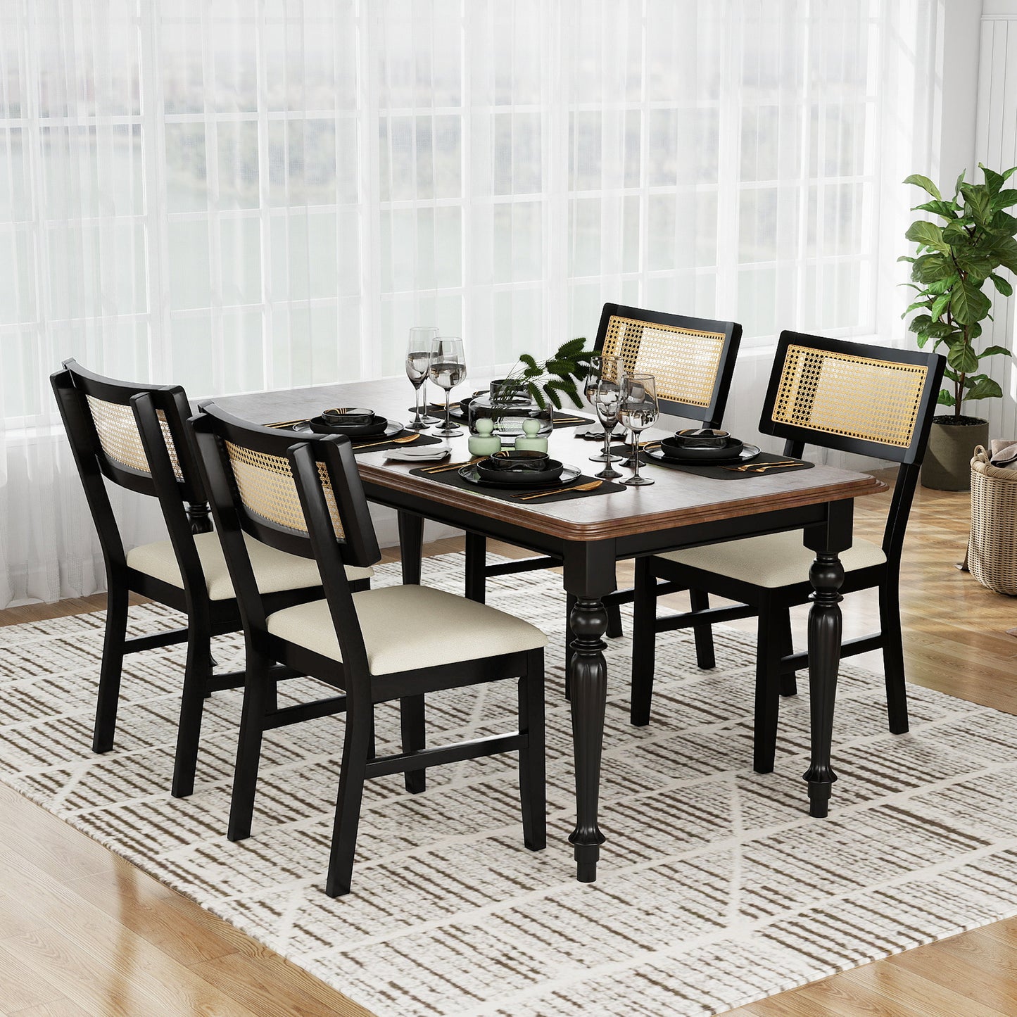 Rattan Dining Chairs Set of 4 with Padded Seats