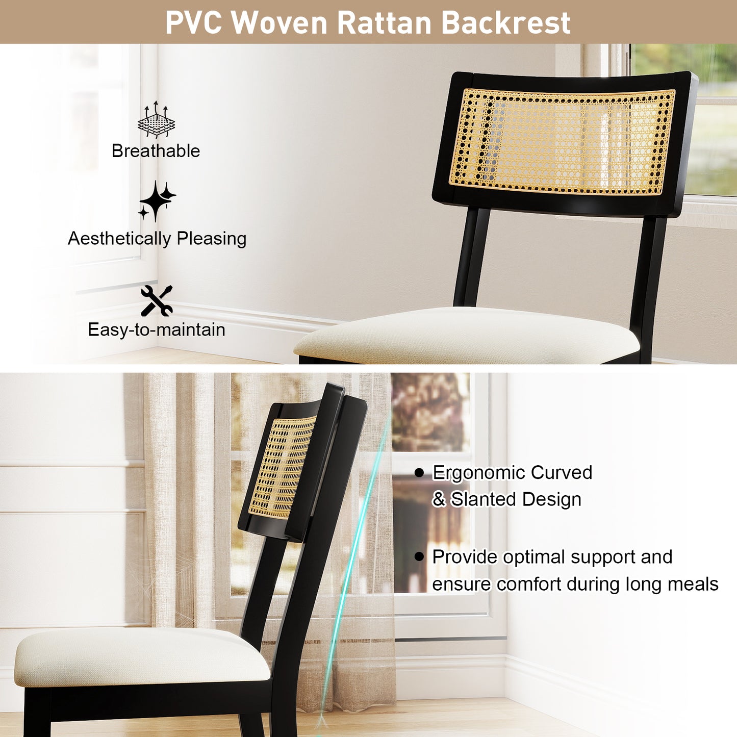 Rattan Dining Chairs Set of 4 with Padded Seats