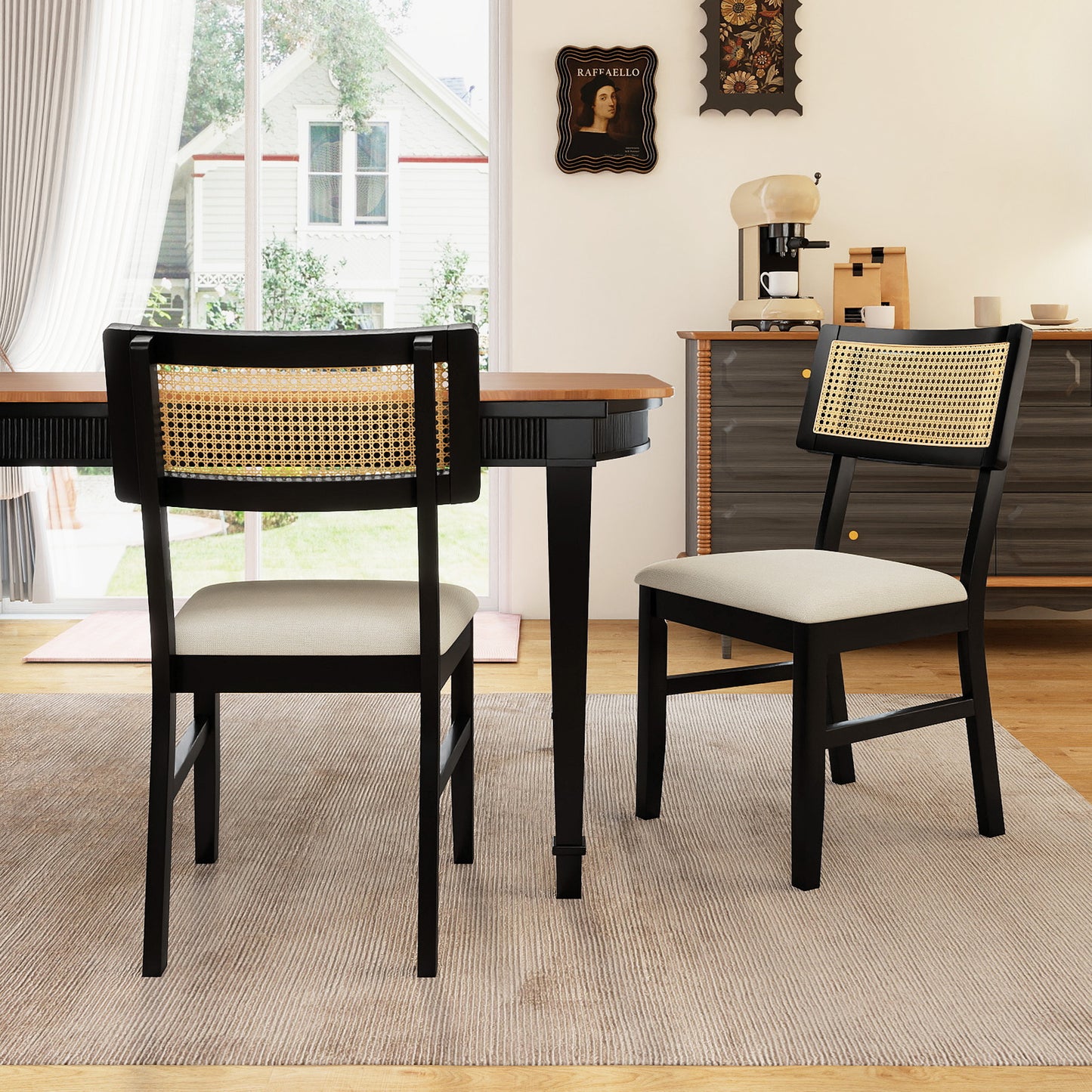 Rattan Dining Chairs Set of 2 with Padded Seats