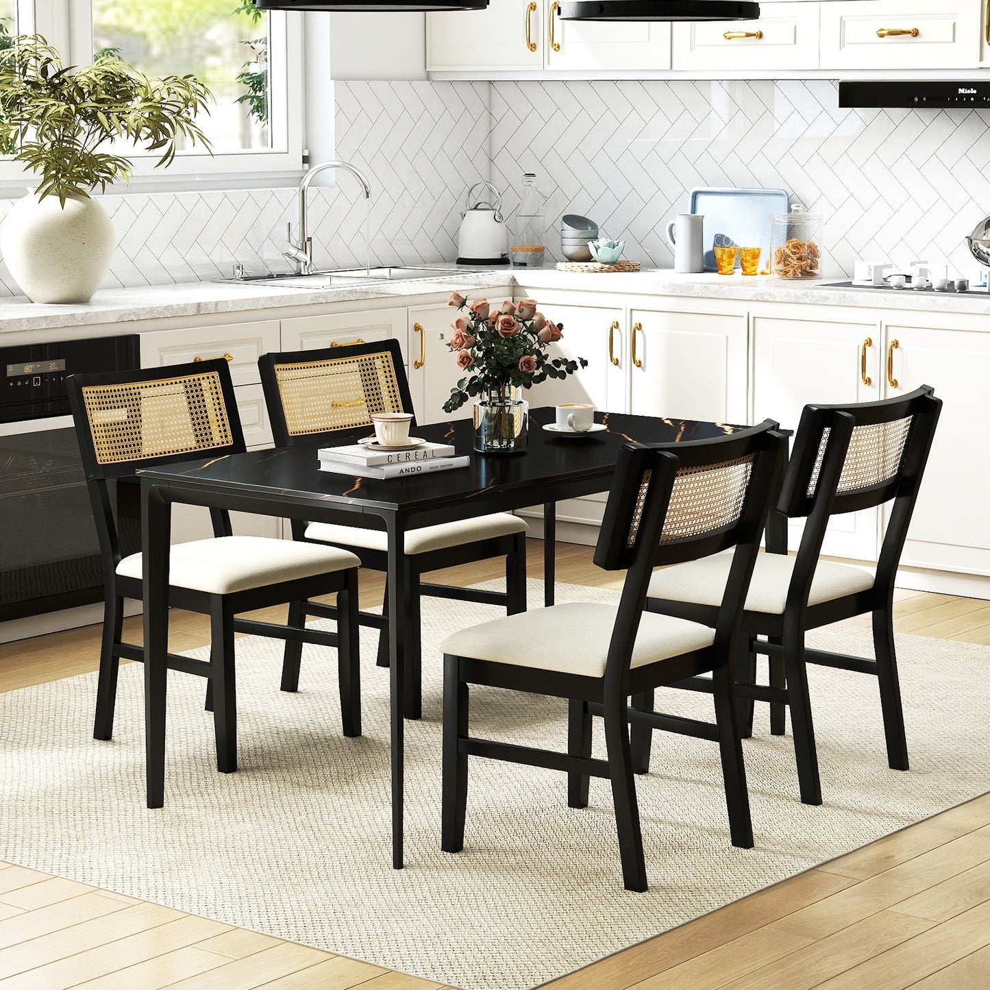 Rattan Dining Chairs Set of 2 with Padded Seats