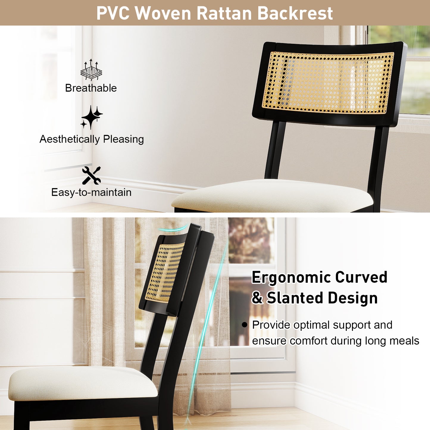 Rattan Dining Chairs Set of 2 with Padded Seats