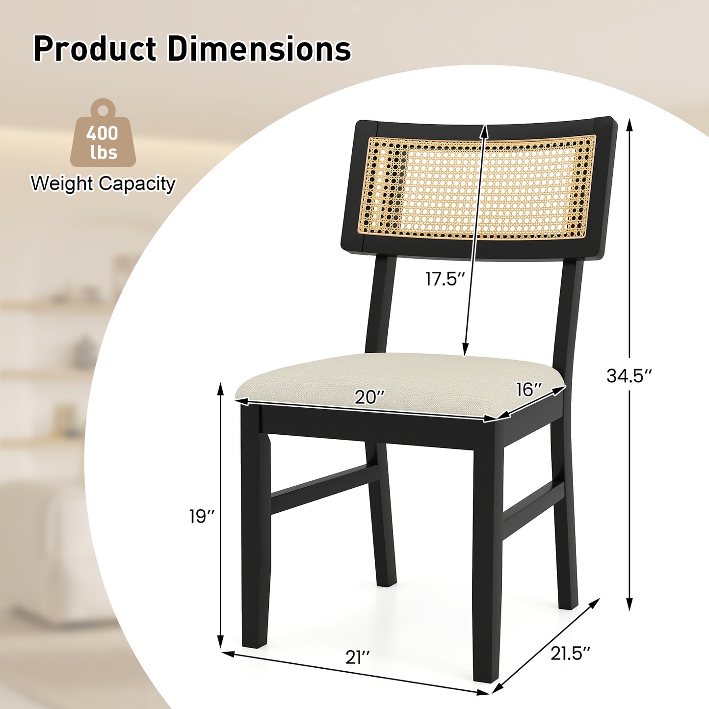 Rattan Dining Chairs Set of 2 with Padded Seats