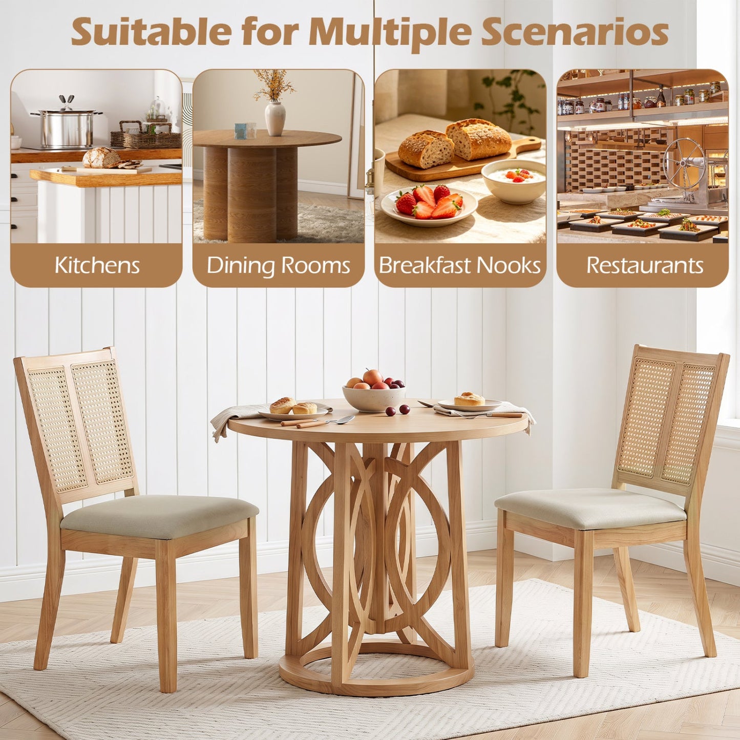 Rattan Dining Chairs Set of 2 with Curved Backrest