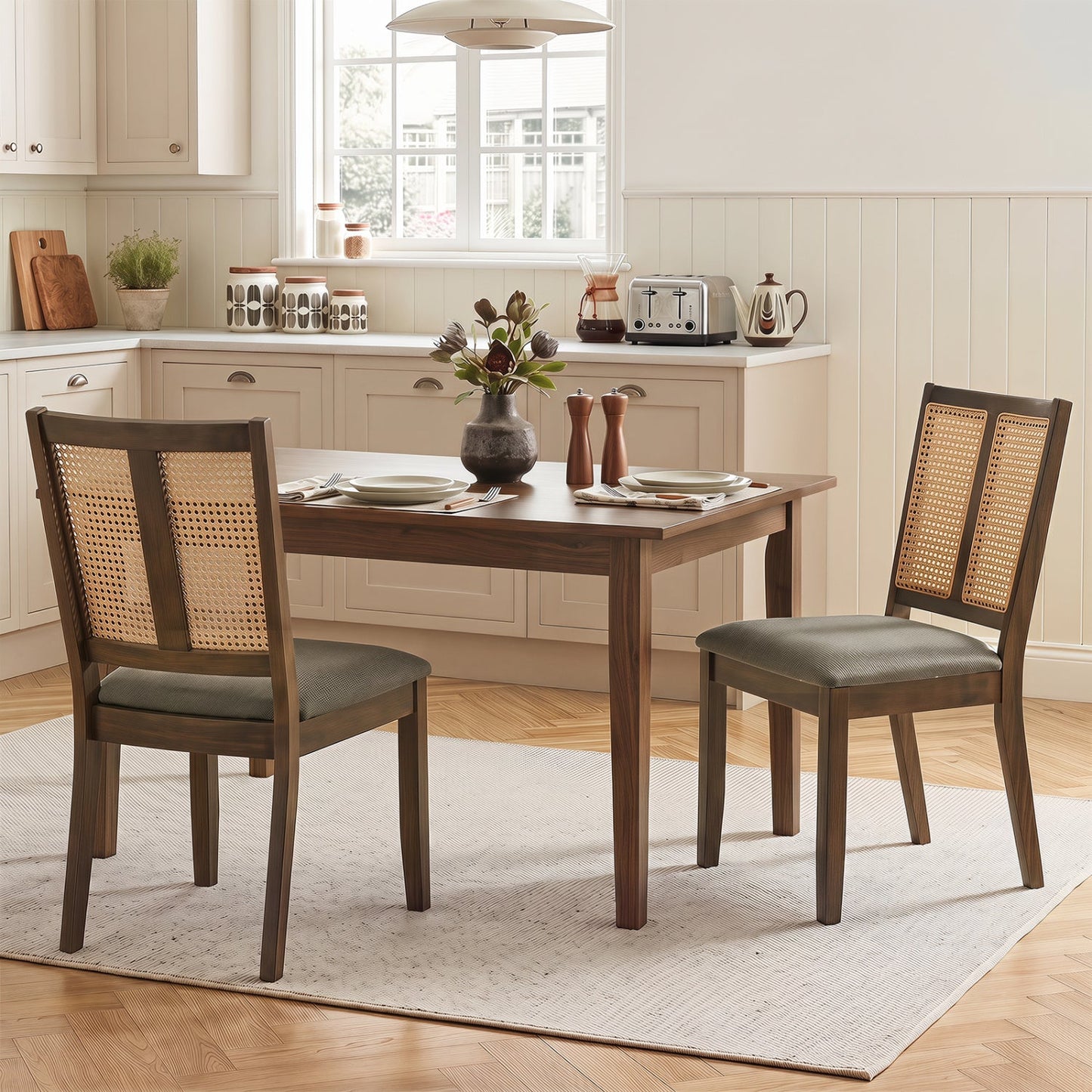 Rattan Dining Chairs Set of 2 with Curved Backrest