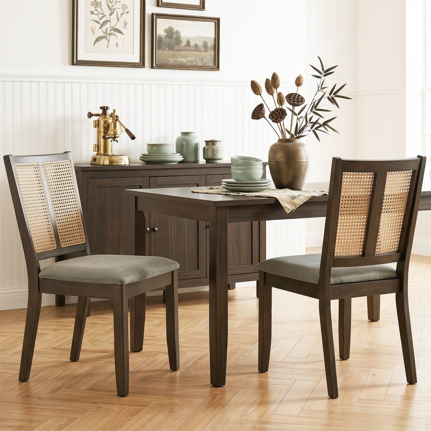 Rattan Dining Chairs Set of 2 with Curved Backrest