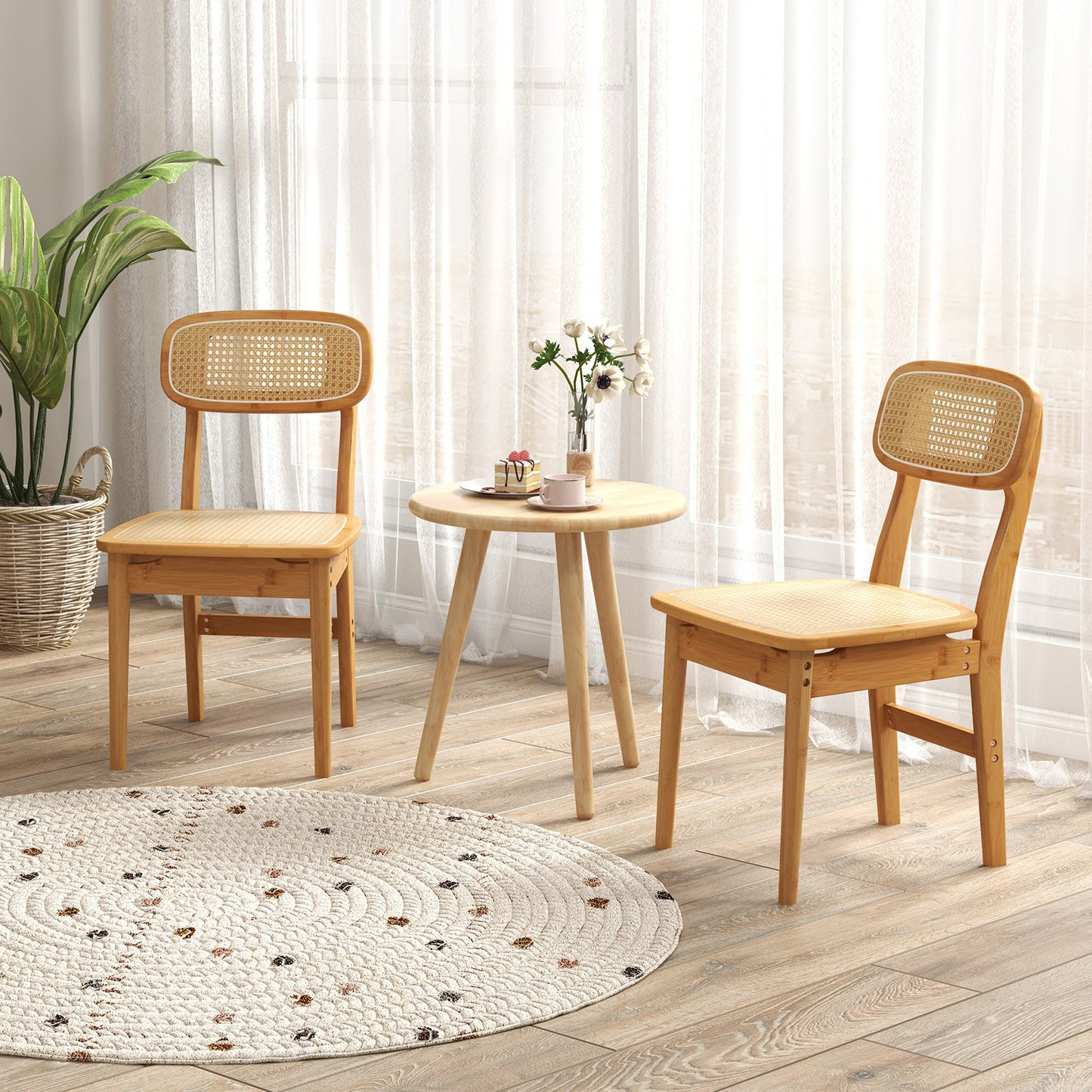 Rattan Dining Chairs Set of 2 with Bamboo Frame