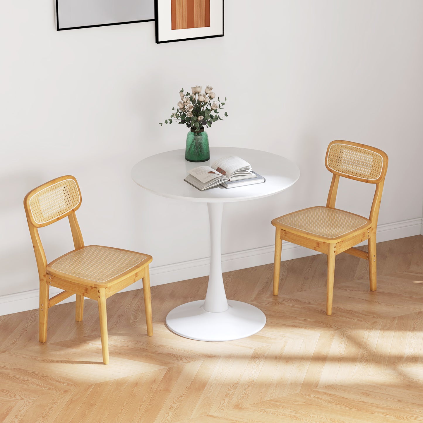 Rattan Dining Chairs Set of 2 with Bamboo Frame