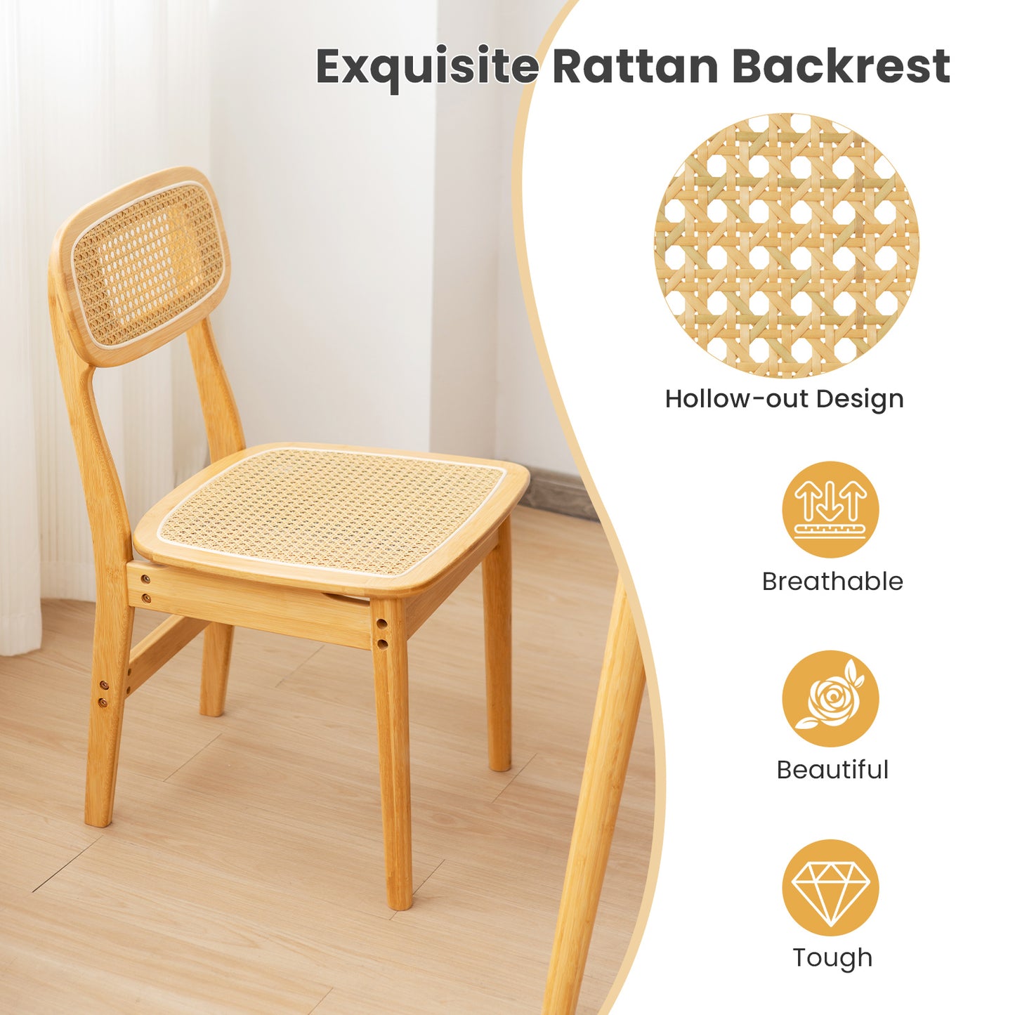 Rattan Dining Chairs Set of 2 with Bamboo Frame