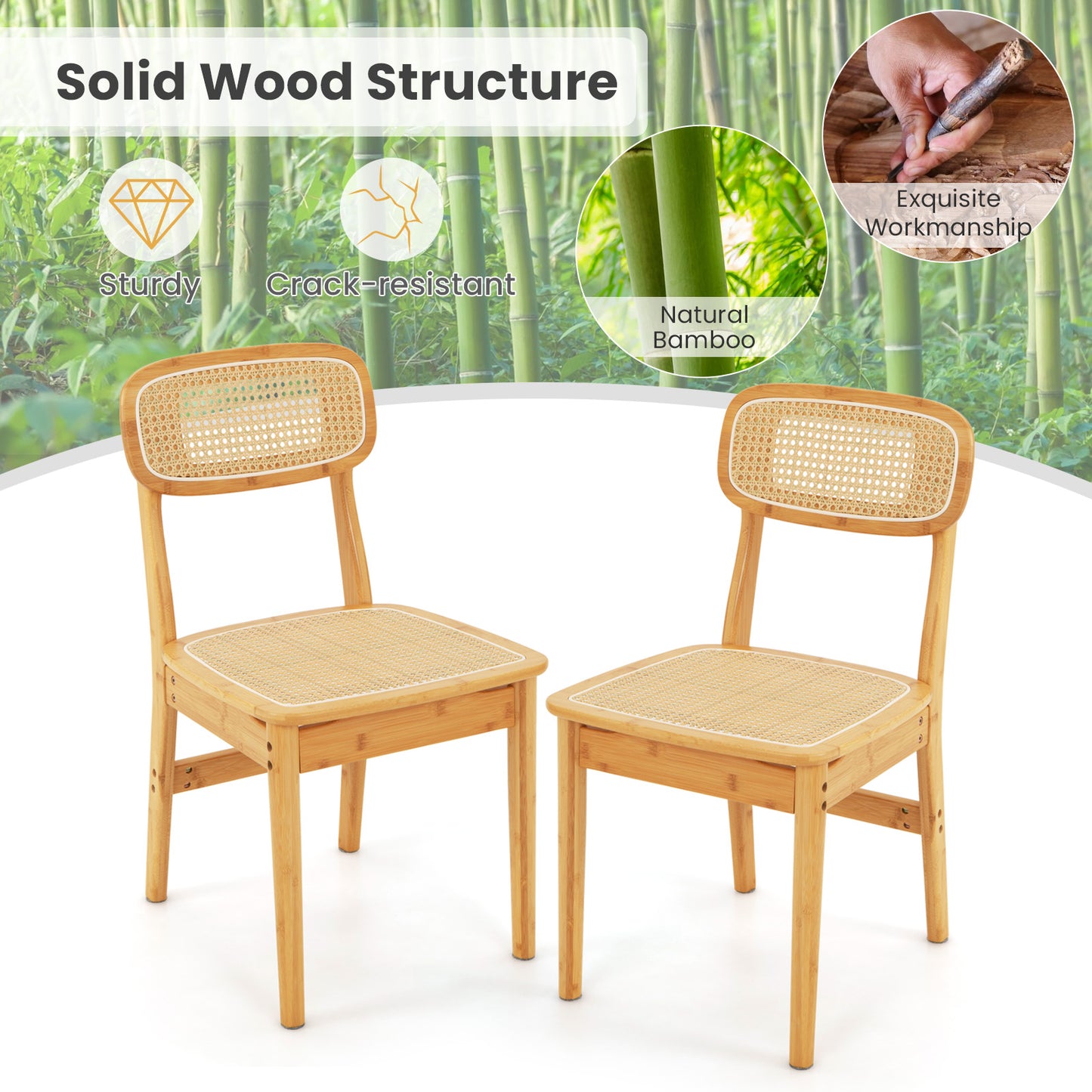 Rattan Dining Chairs Set of 2 with Bamboo Frame