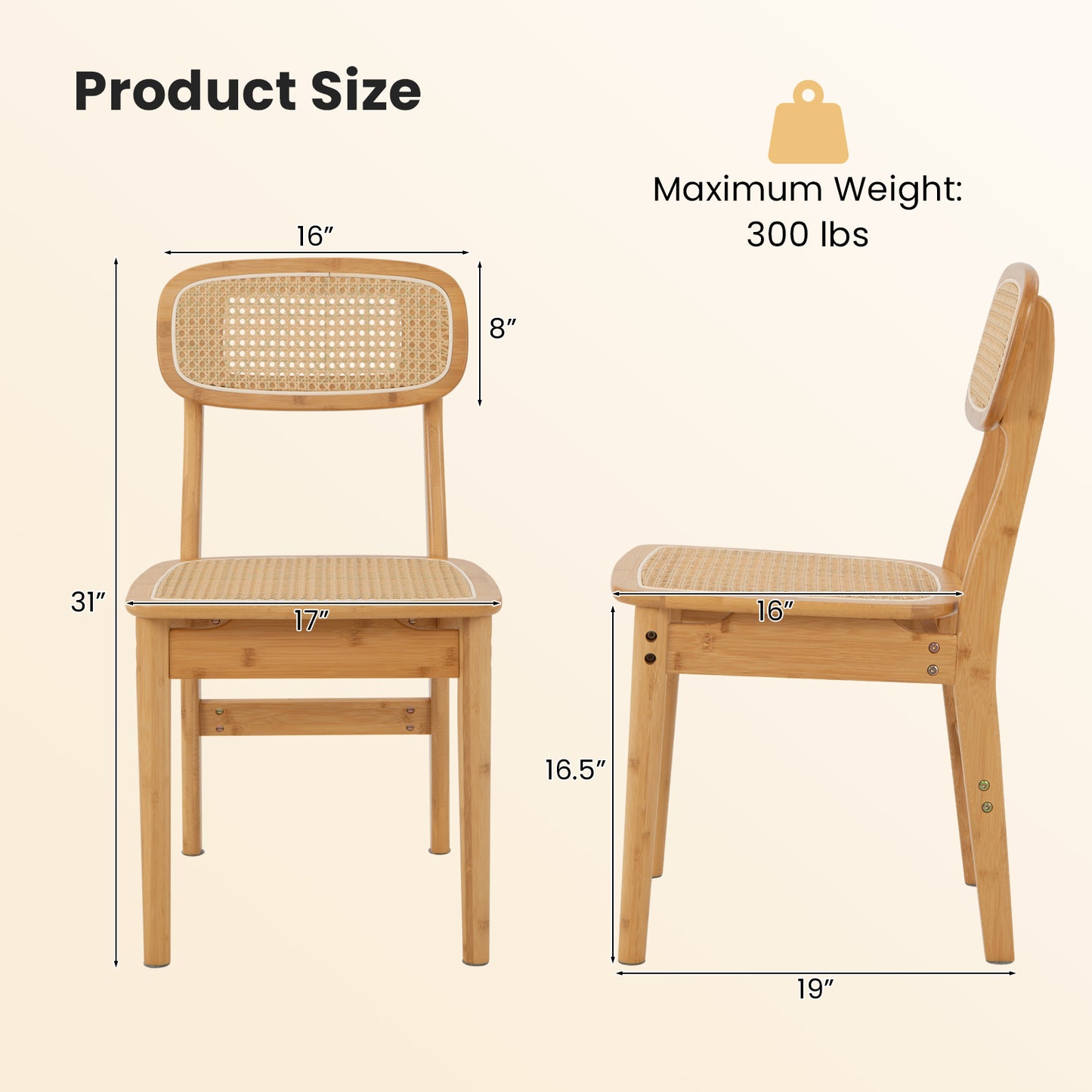 Rattan Dining Chairs Set of 2 with Bamboo Frame