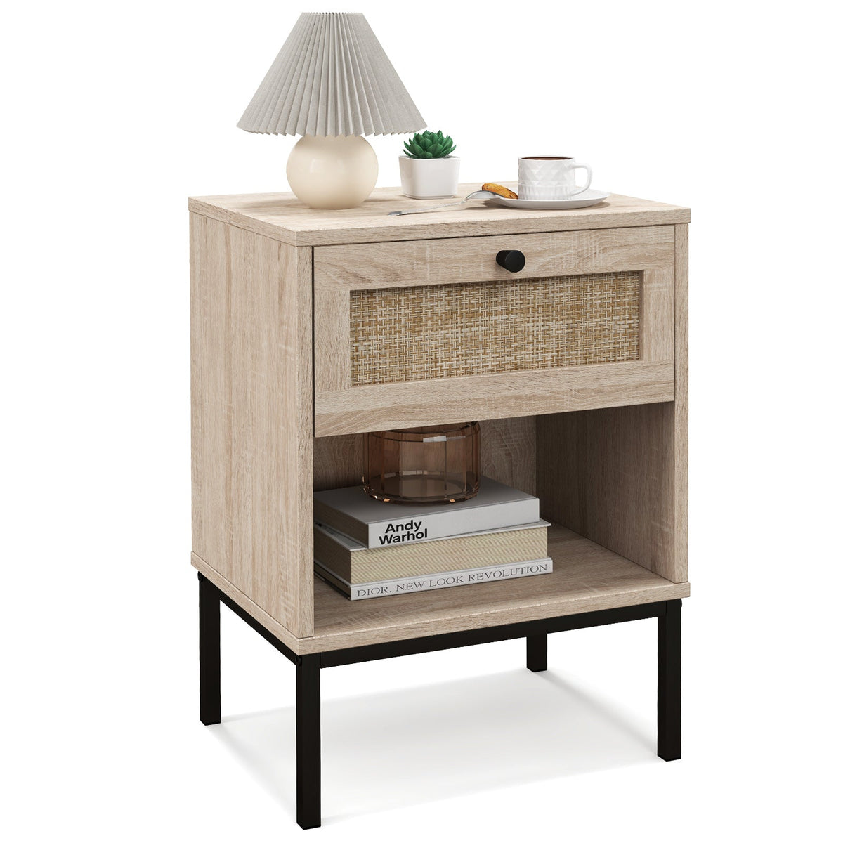 Rattan Nightstand Boho End Table with Rattan Drawer and Open Shelf