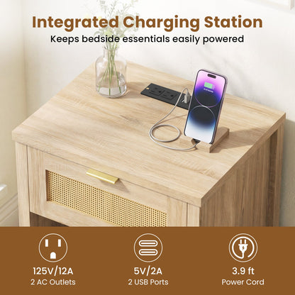 Rattan Nightstand with Charging Station and Storage Shelf for Bedroom