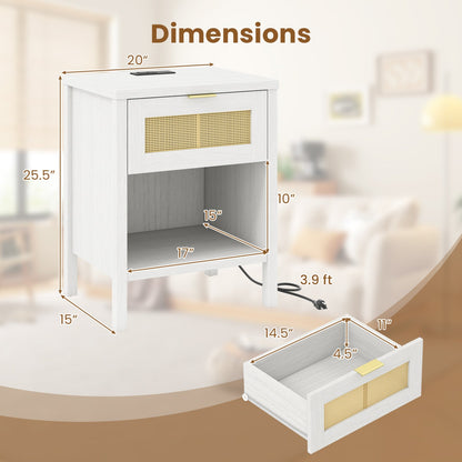 Rattan Nightstand with Charging Station and Storage Shelf for Bedroom