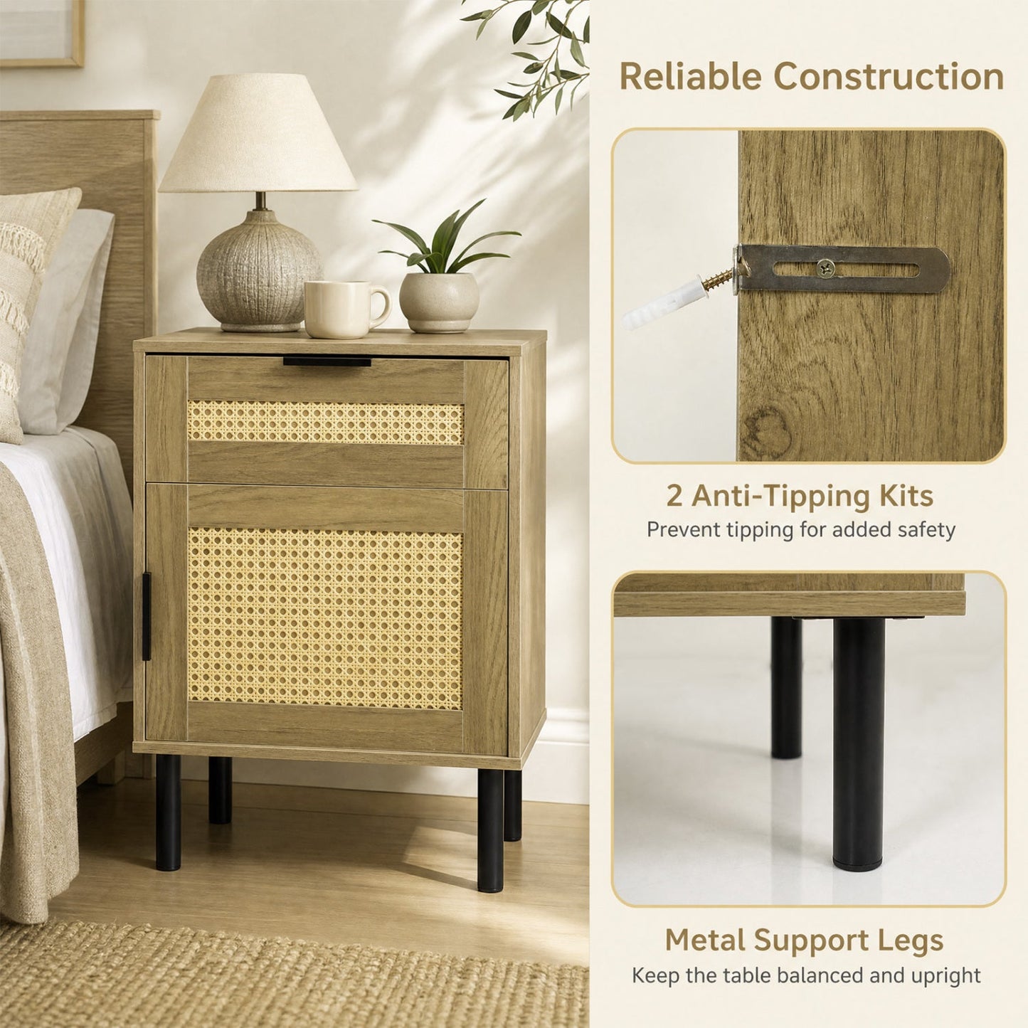 Rattan Nightstand with Drawer and Storage Cabinet