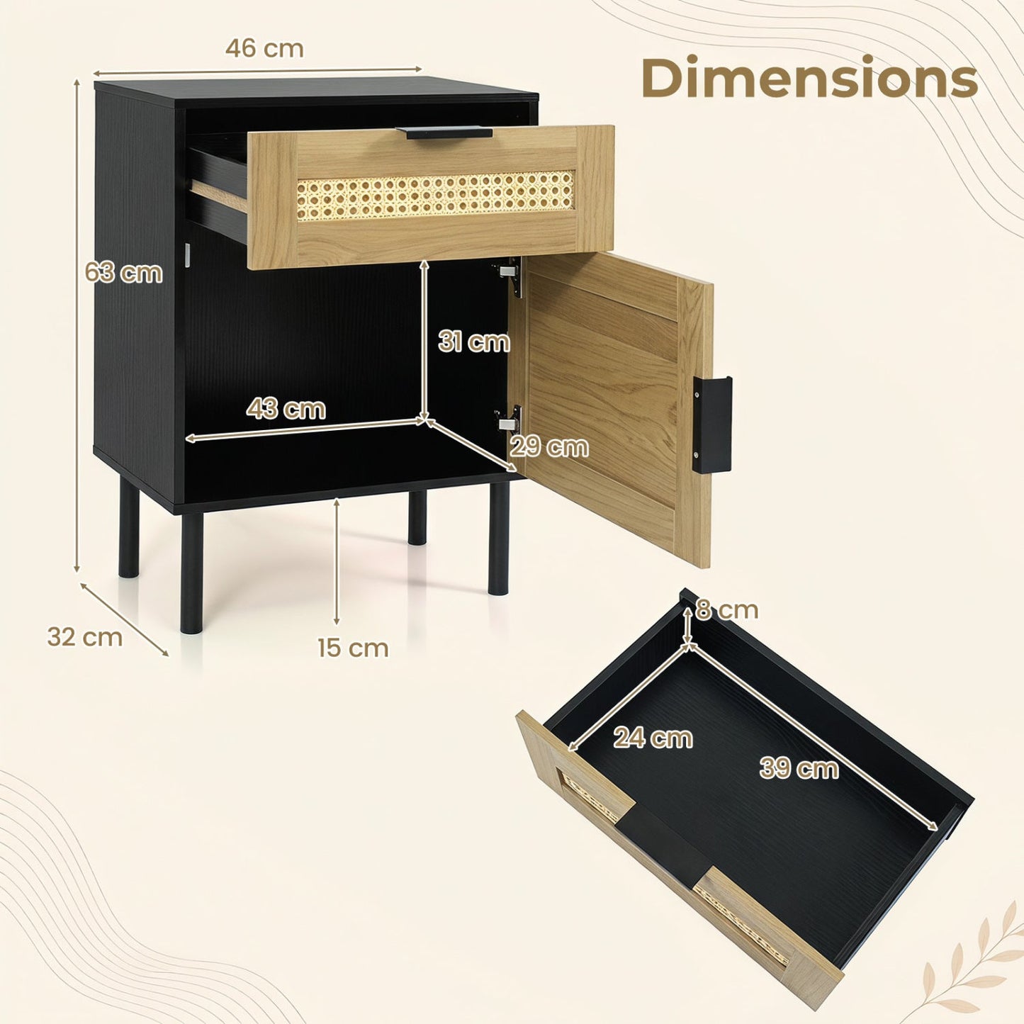 Rattan Nightstand with Drawer and Storage Cabinet