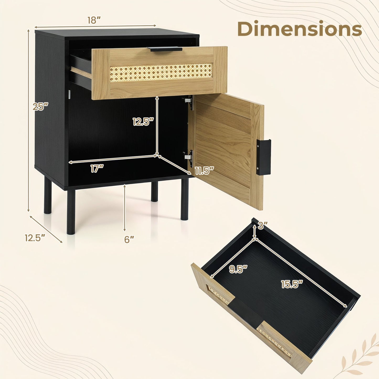Rattan Nightstand with Drawer and Storage Cabinet