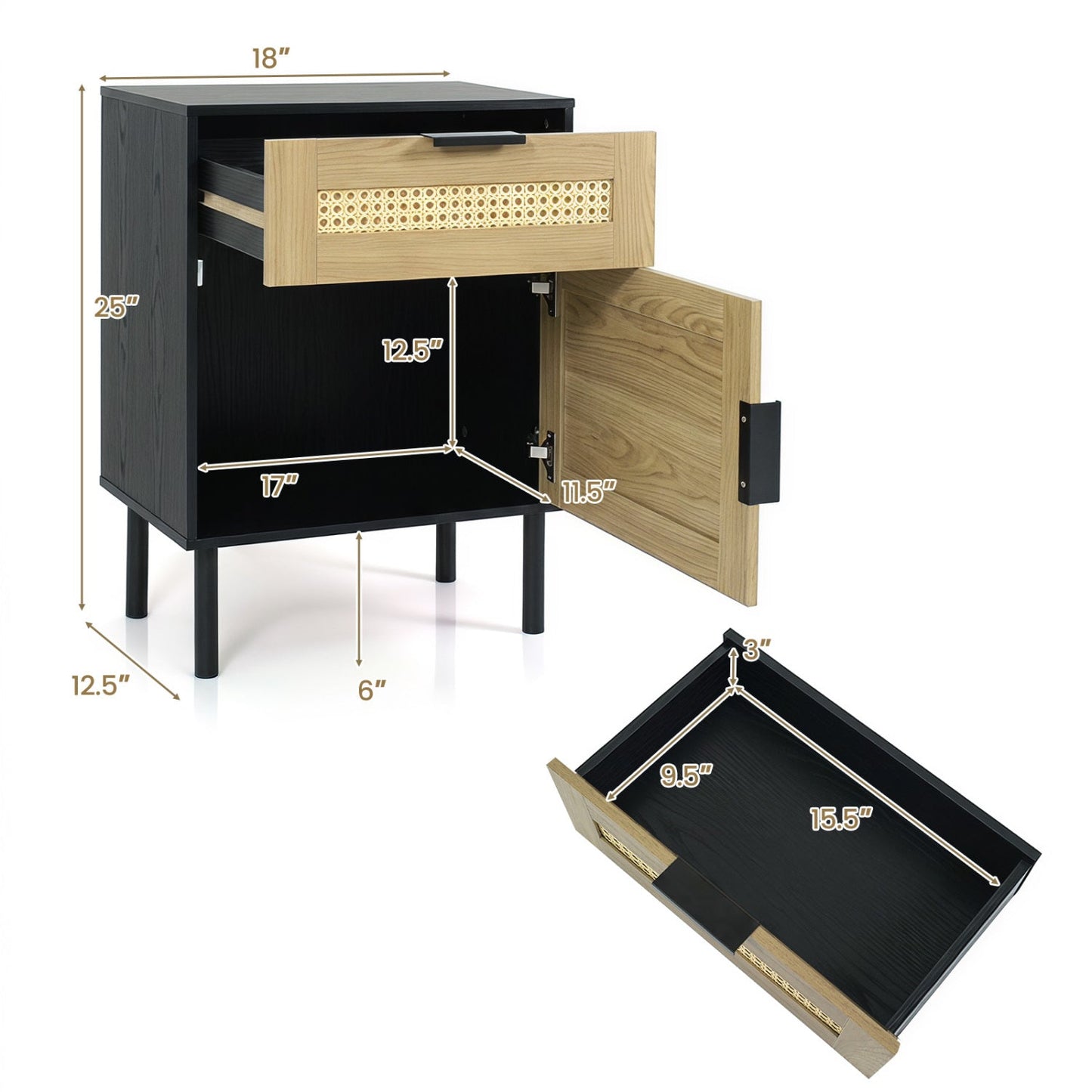 Rattan Nightstand with Drawer and Storage Cabinet