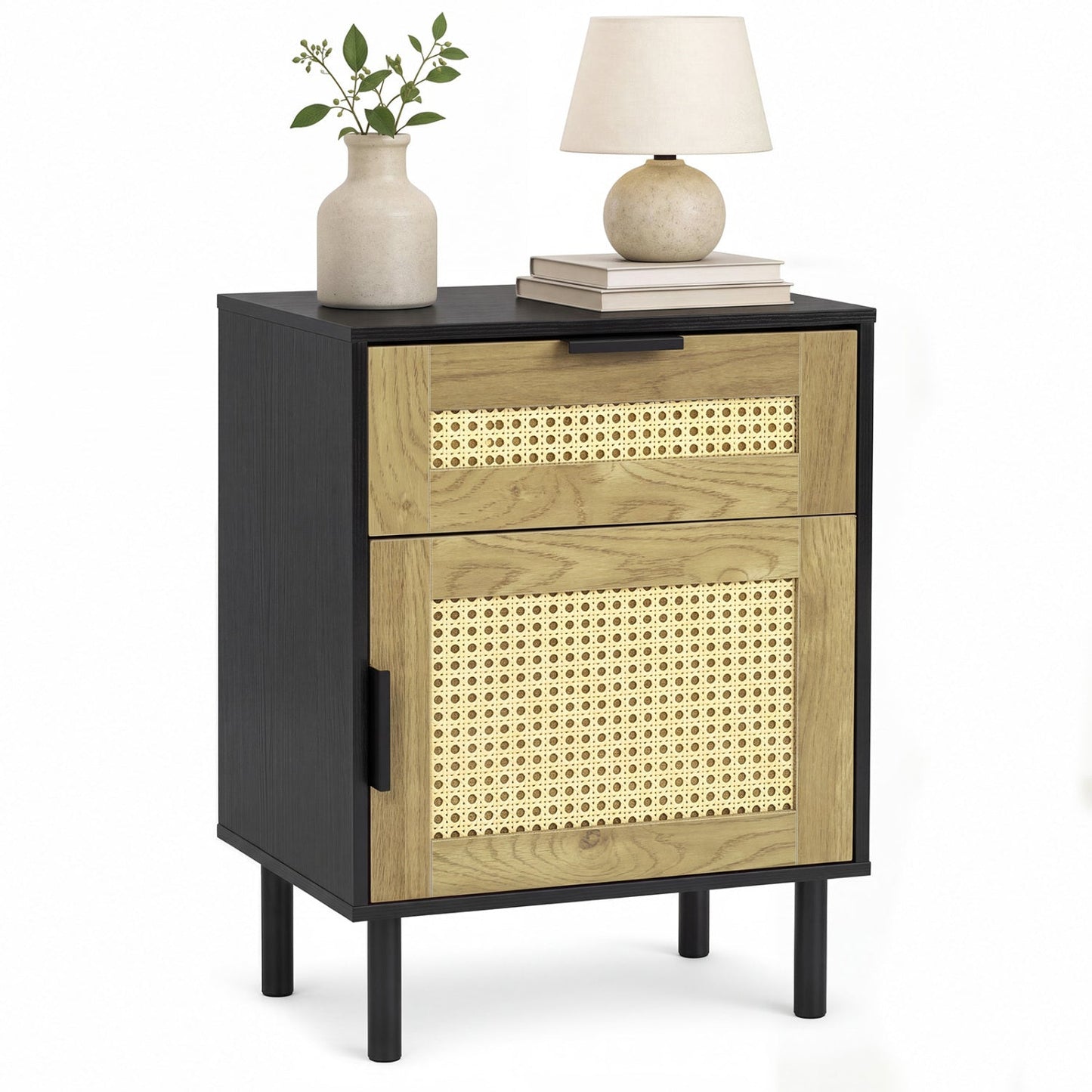 Rattan Nightstand with Drawer and Storage Cabinet