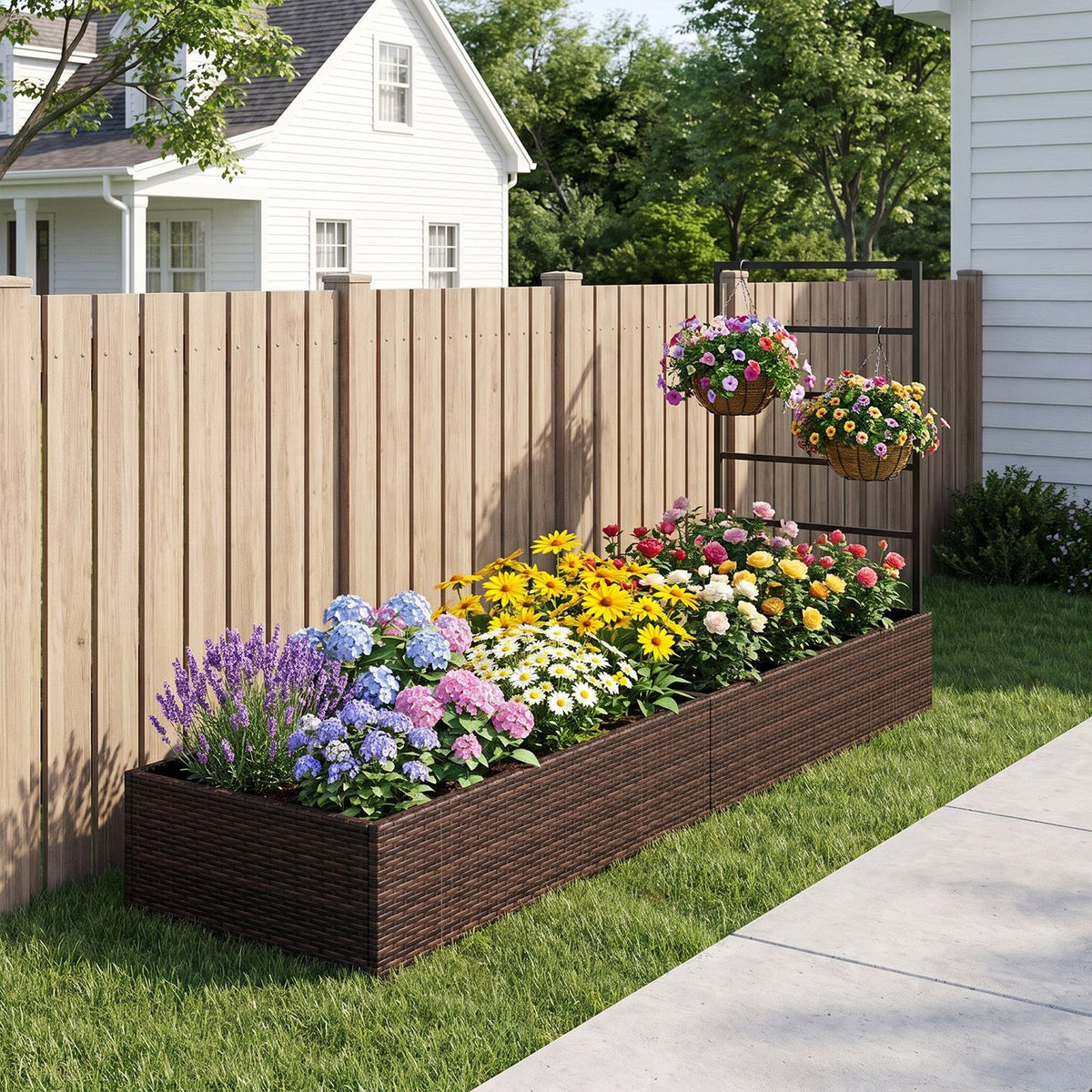 Rattan Raised Garden Bed with Trellis and 2 Planter Boxes-Brown