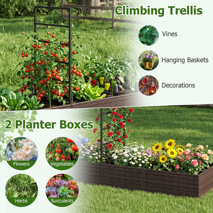 Rattan Raised Garden Bed with Trellis and 2 Planter Boxes-Brown