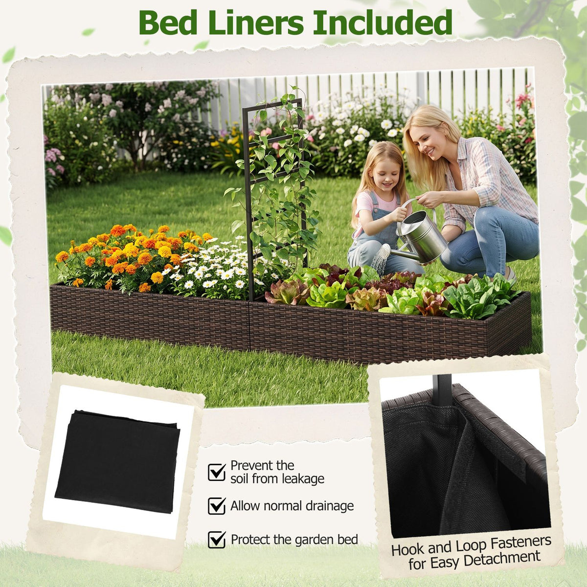 Rattan Raised Garden Bed with Trellis and 2 Planter Boxes-Brown