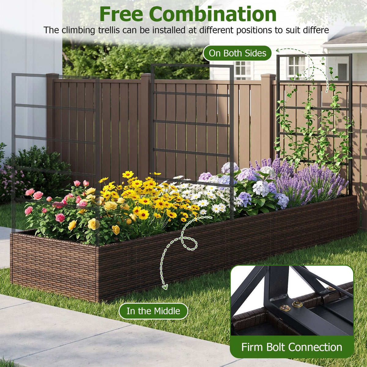 Rattan Raised Garden Bed with Trellis and 2 Planter Boxes-Brown