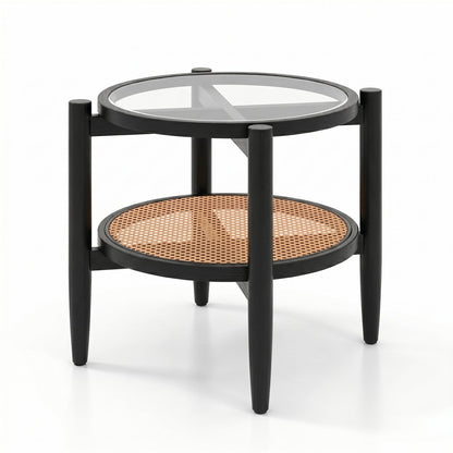 Round Rattan Side Table with Tempered Glass Top