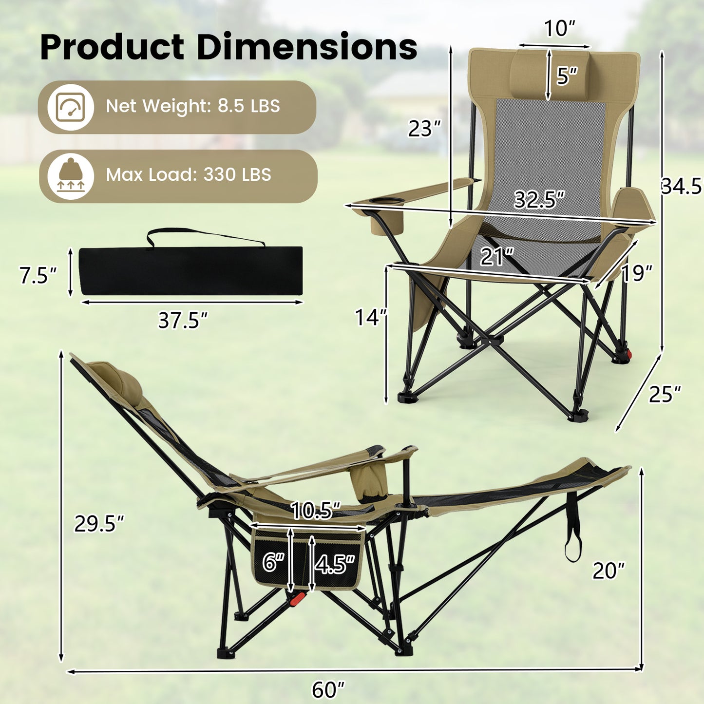 Reclining Camping Chair with Removable Footrest
