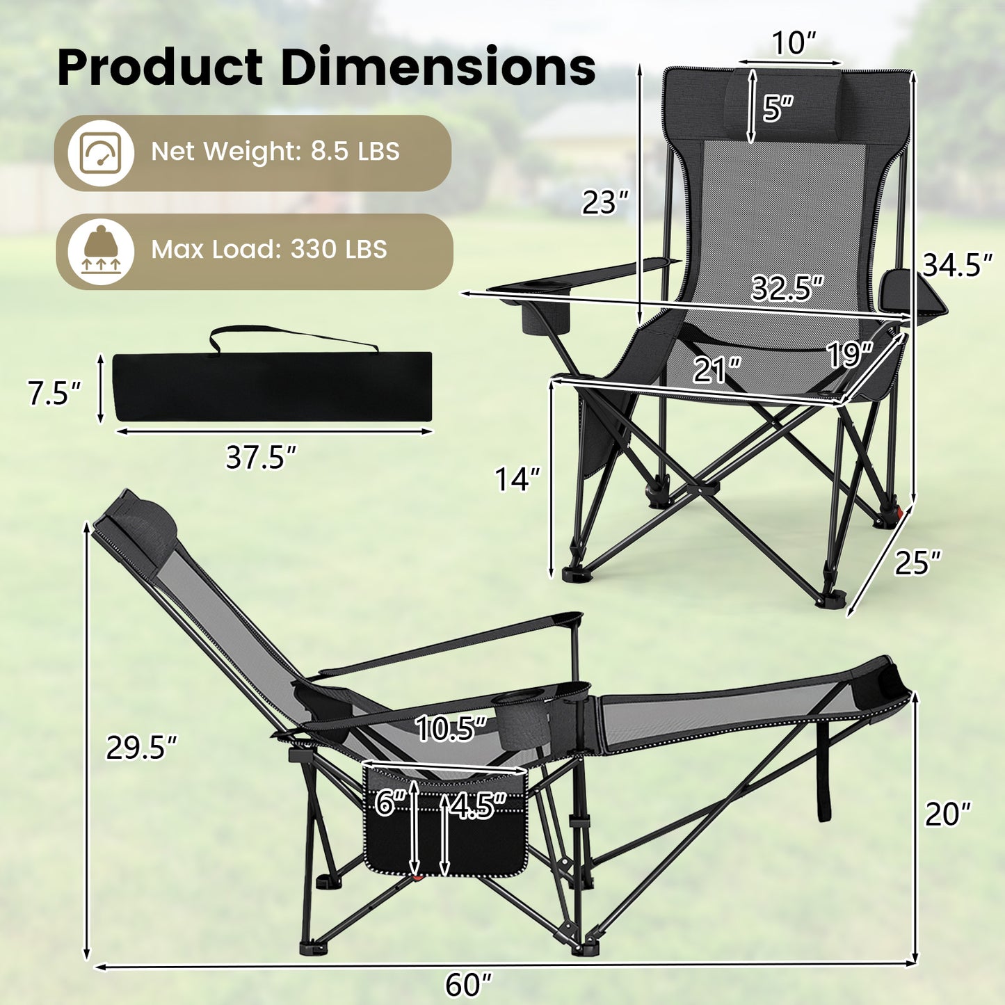 Reclining Camping Chair with Removable Footrest