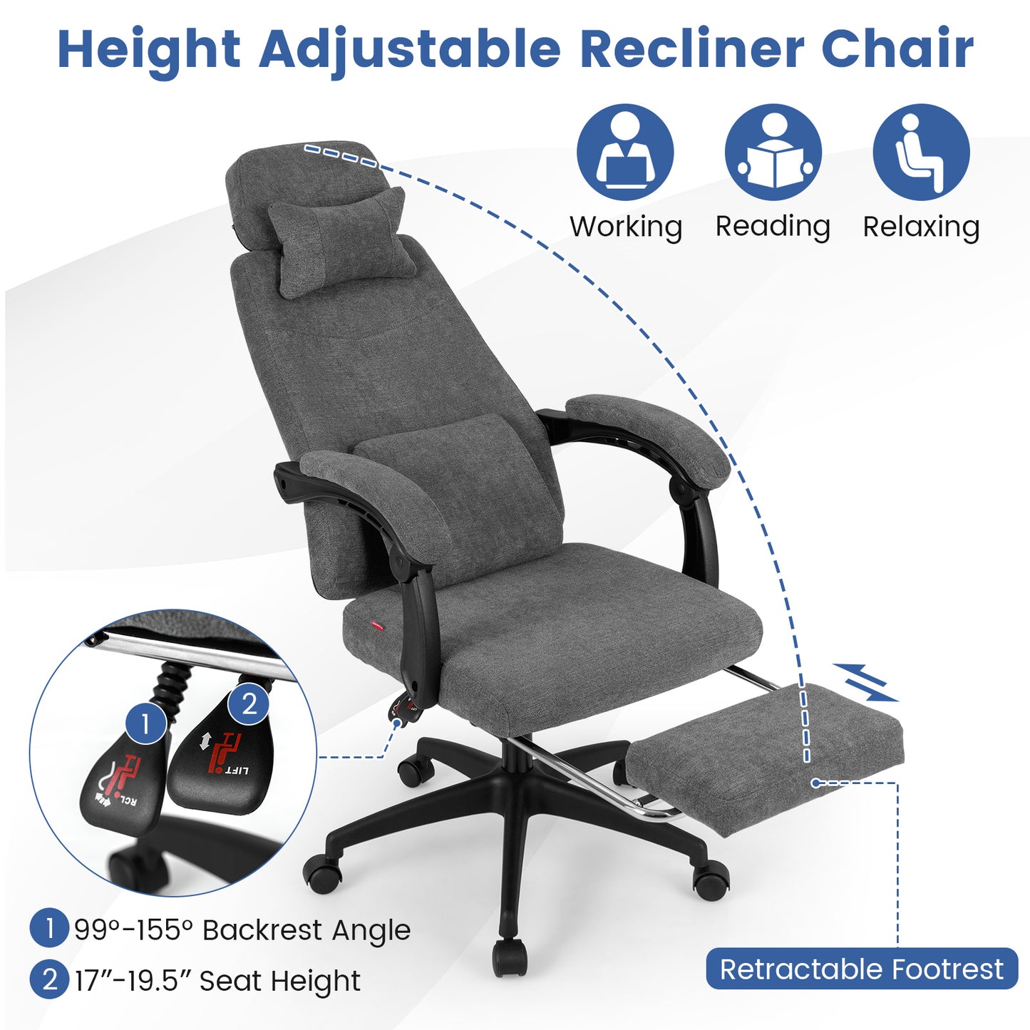 Reclining Office Chair with Footrest, Chenille Fabric, Gray