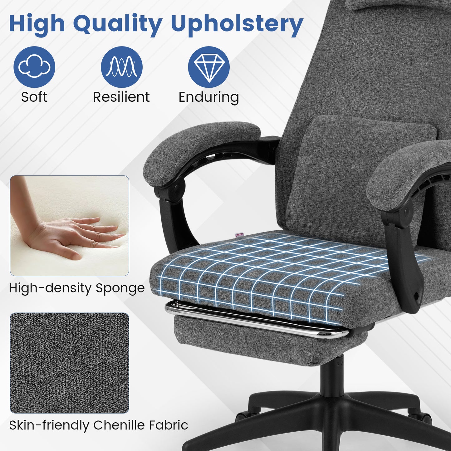 Reclining Office Chair with Footrest, Chenille Fabric, Gray
