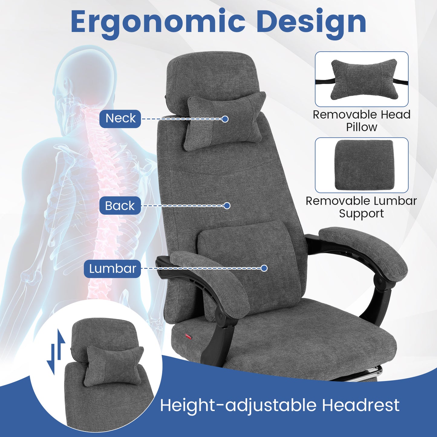 Reclining Office Chair with Footrest, Chenille Fabric, Gray