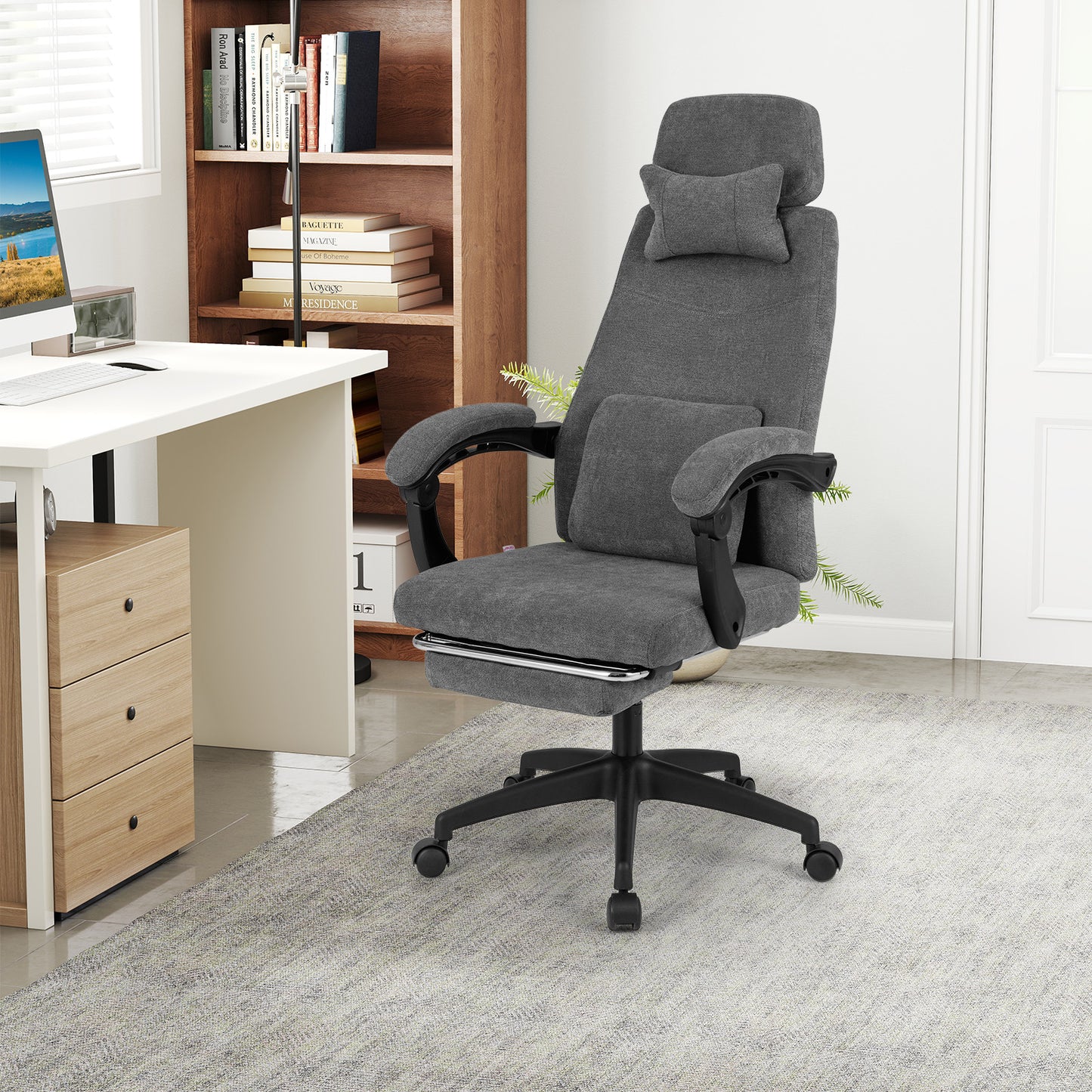 Reclining Office Chair with Footrest, Chenille Fabric, Gray