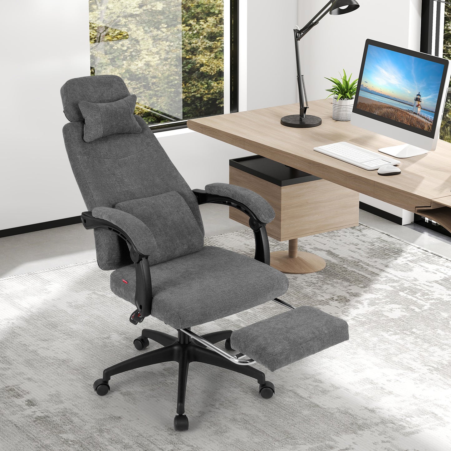 Reclining Office Chair with Footrest, Chenille Fabric, Gray