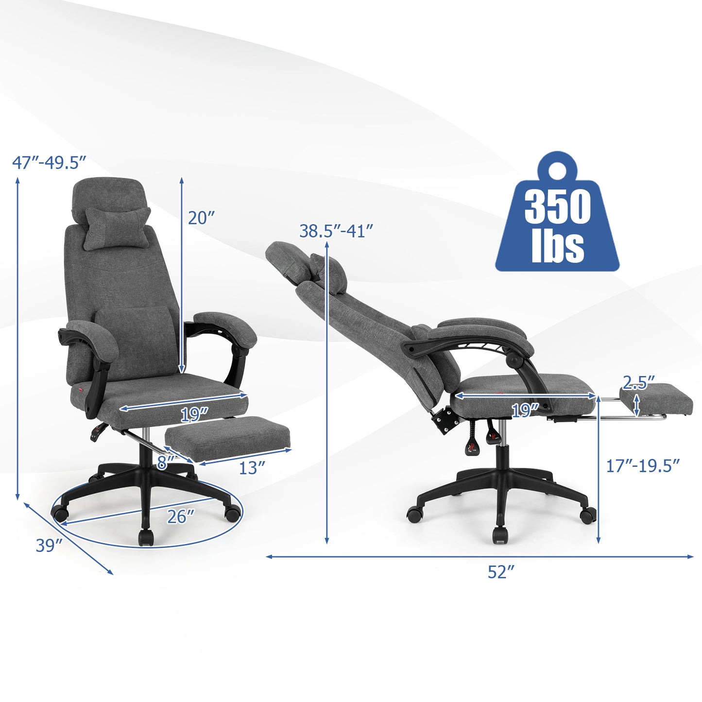 Reclining Office Chair with Footrest, Chenille Fabric, Gray