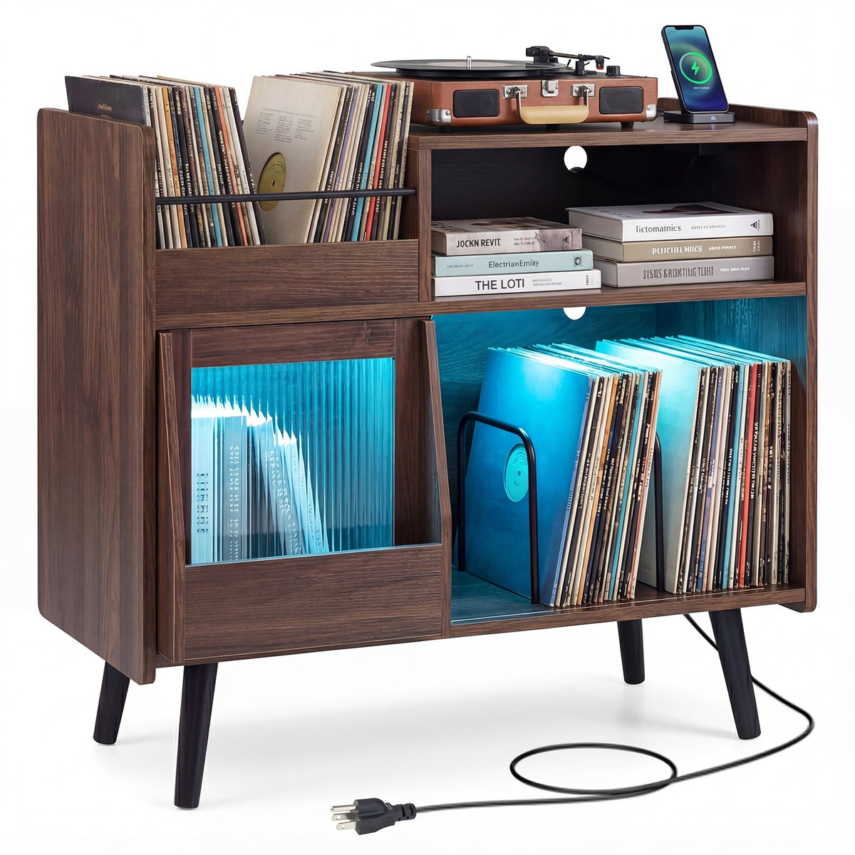 Record Player Stand with LED Light and Power Outlets Large Turntable Stand with Sliding Door-Brown