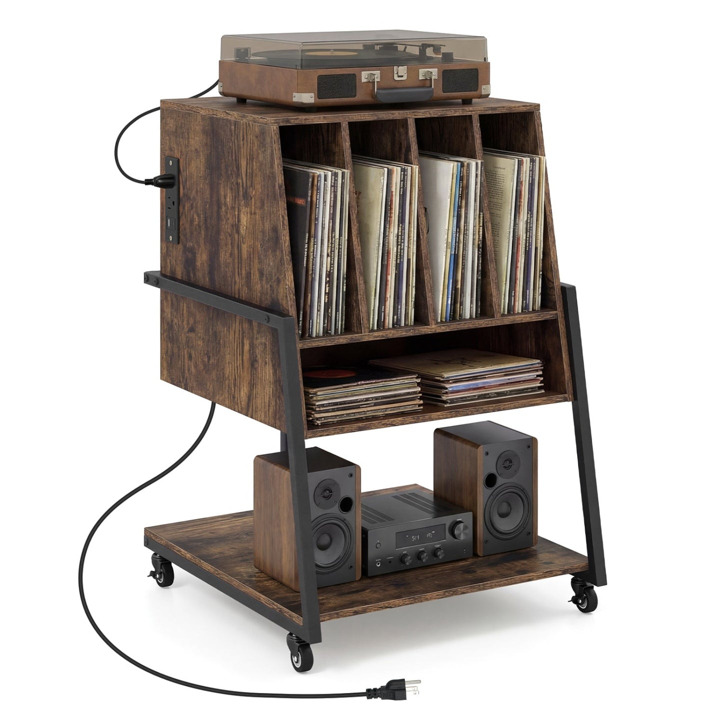 Record Player Stand on Wheels Rolling Turntable Stand with Power Outlets