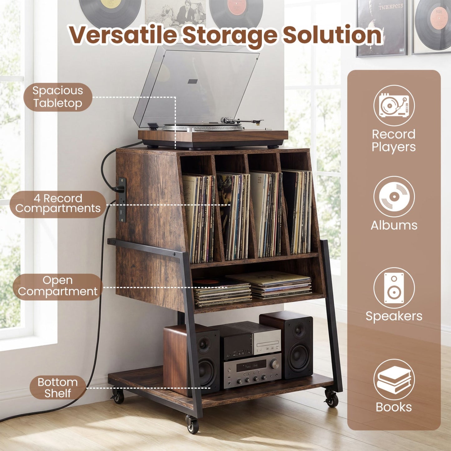 Record Player Stand on Wheels Rolling Turntable Stand with Power Outlets