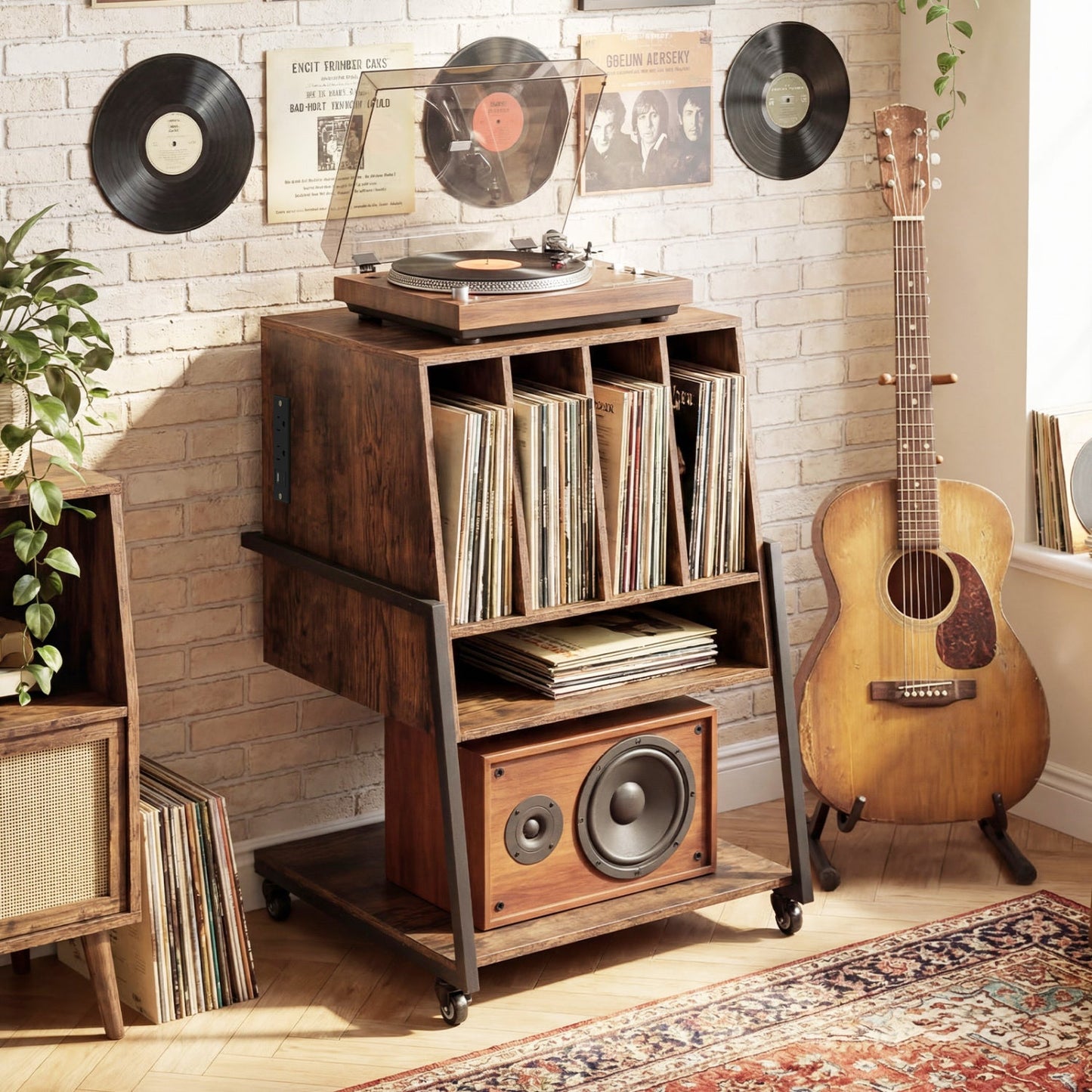 Record Player Stand on Wheels Rolling Turntable Stand with Power Outlets