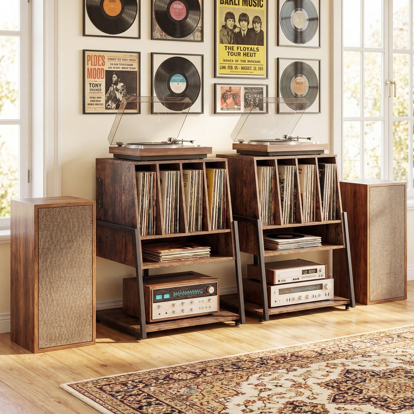 Record Player Stand on Wheels Rolling Turntable Stand with Power Outlets