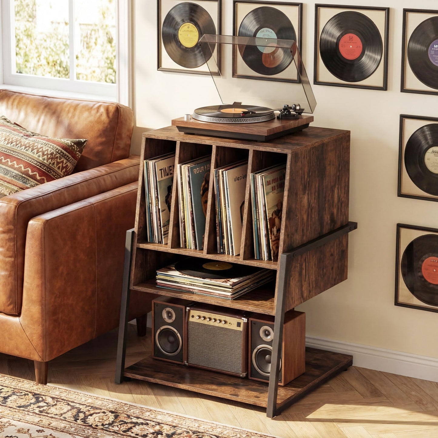 Record Player Stand on Wheels Rolling Turntable Stand with Power Outlets