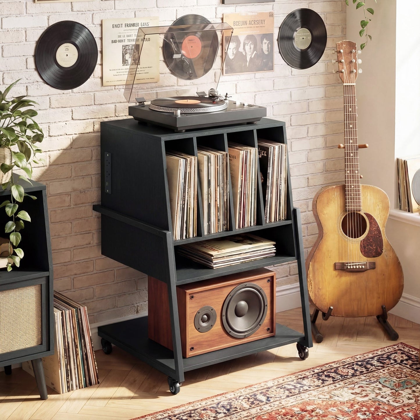 Record Player Stand on Wheels Rolling Turntable Stand with Power Outlets