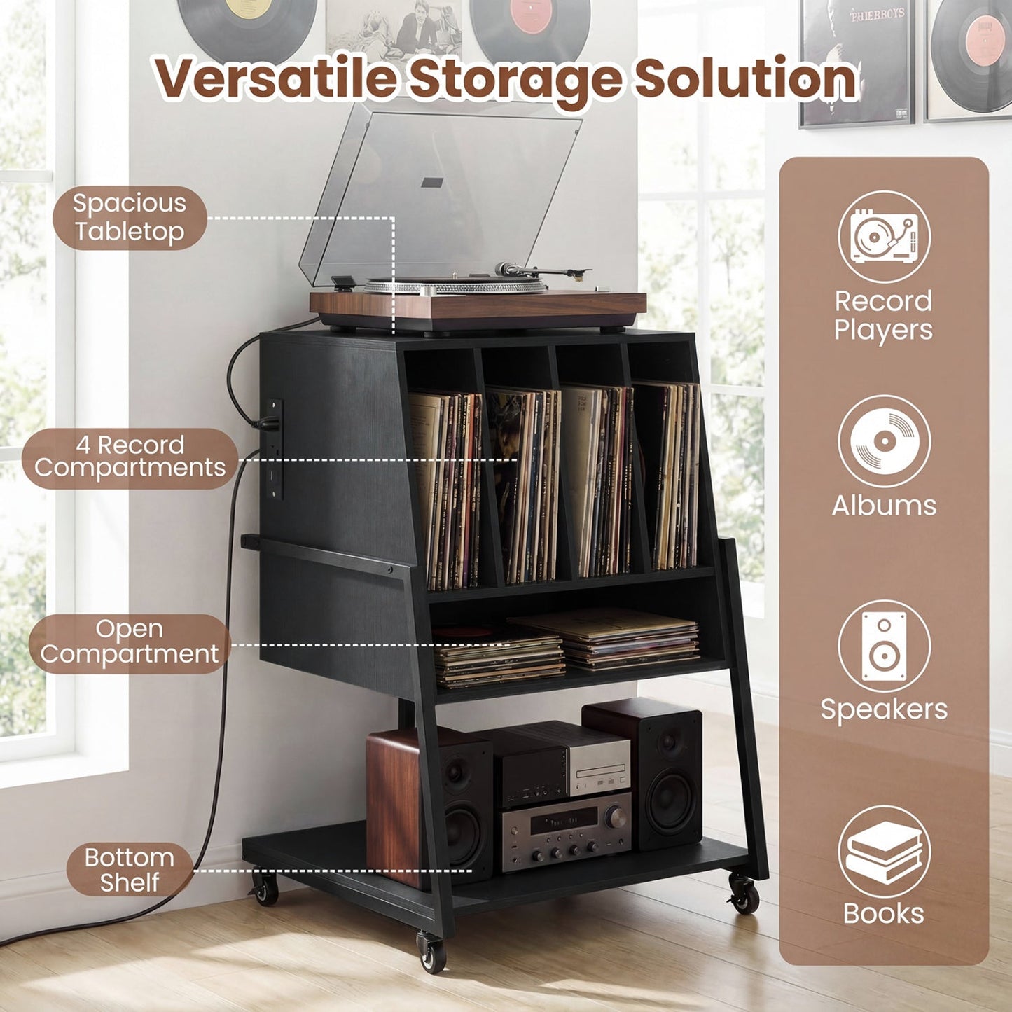Record Player Stand on Wheels Rolling Turntable Stand with Power Outlets
