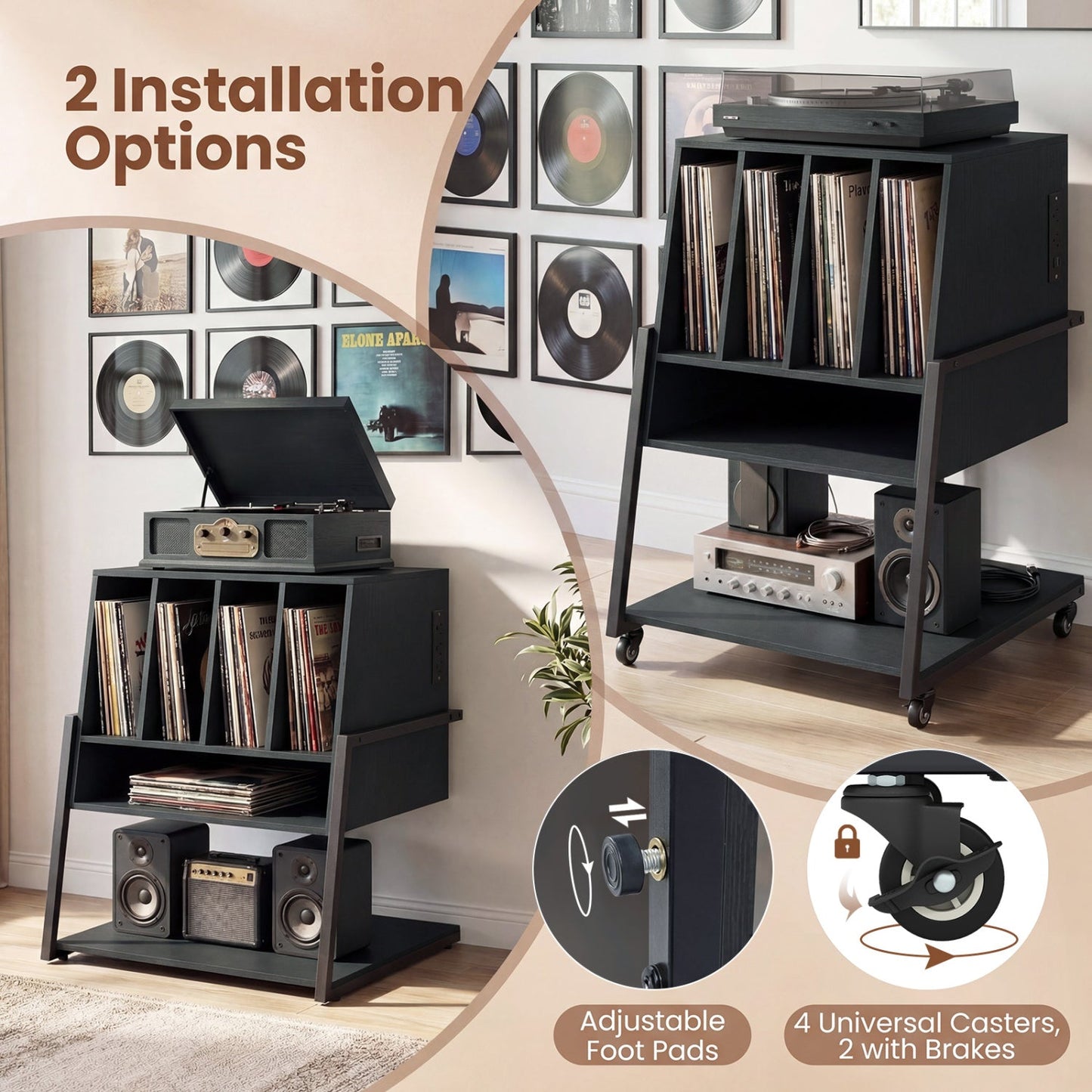 Record Player Stand on Wheels Rolling Turntable Stand with Power Outlets