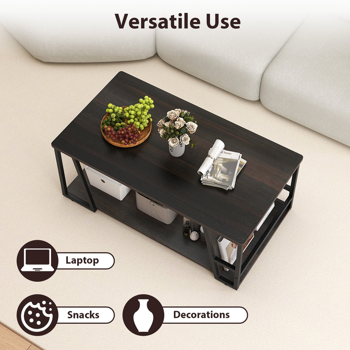 Rectangle Coffee Table 2-tier Industrial Accent Table with Storage Shelf and Compartment